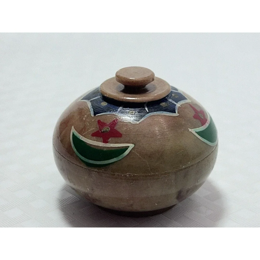 Vintage‎ Miniature India Stone Bowl with Lid, Hand Painted Stars and Crescents